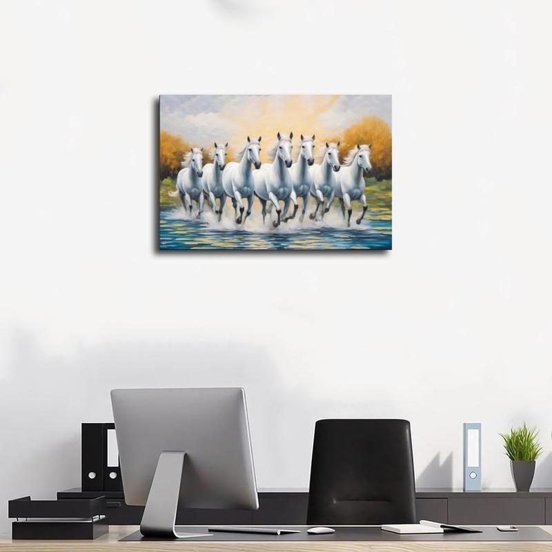 Seven White Horses Canvas Poster Wall Art Decor Vastu Print Picture for Office Room Decoration Frame-style Frame-style08x12inch(20x30cm)