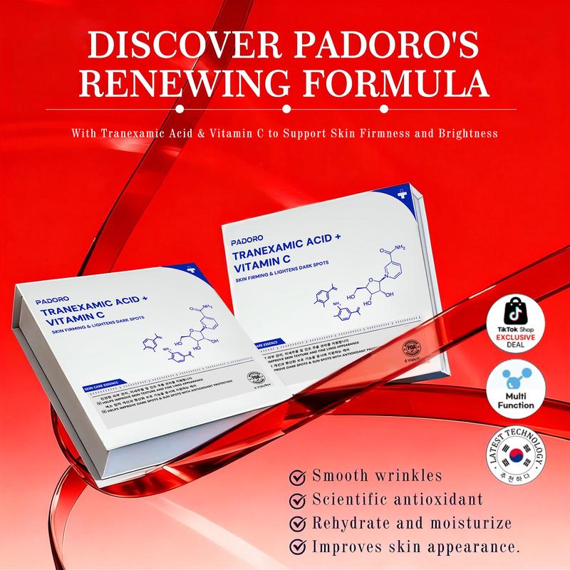 PADORO Gold Vitamin C Serum, containing Tranexamic acid, Evens out skin tone, Brightens and improves complexion, Fights aging, Suitable for all skin types, Nourishes, Repairs and soothes, Reduces wrinkles, and moisturizes. A perfect holiday gift.