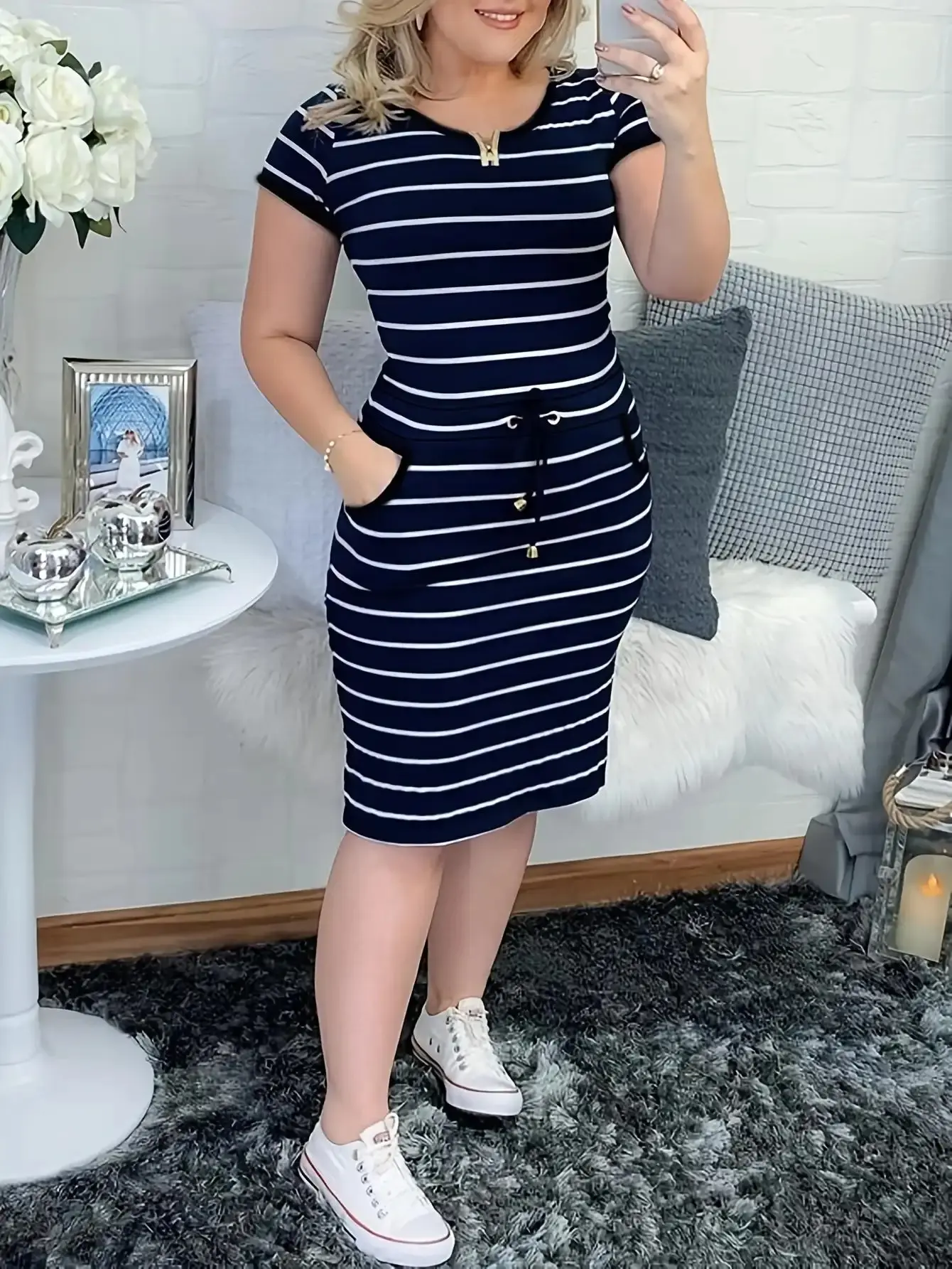 Women Ladies Striped Bodycon Dress With Drawstring Double Pockets Soft Stretchy Slim Fit Casual Daily Wear Streetwear Fashion Outfit