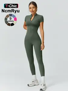 Women's High Elastic Soft Collar Half-Zip Tight Waist Tight Hip Yoga Suit Outdoor Running, Cycling, Mountaineering, Walking, Naked Body Clothes Gym Sports Training All-Match Short-Sleeved Pants Sporty Comfy Jumpsuit