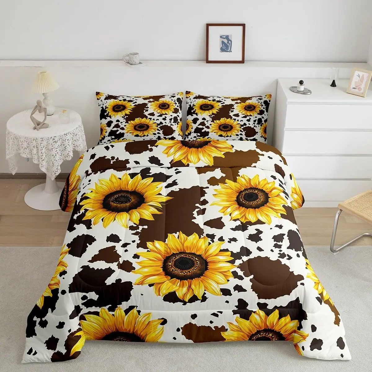 Feelyou Queen Size Printed Bedding Set - Rustic Brown Cowhide Print, Yellow Sunflower Floral Wildlife Farmhouse Design, Breathable Duvet, Decorative Comforter