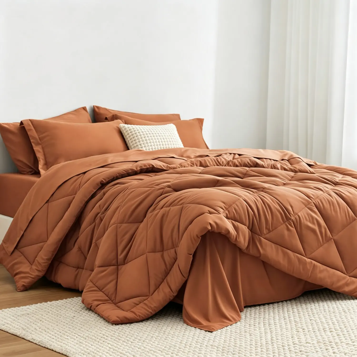 California King Comforter Set Terracotta, 7 Pc California King Bed in a Bag for All Seasons. with 1 Comforter, 1 Flat Sheet, 1 Fitted Sheet, 2 Pillowcase and 2 Pillow Sham