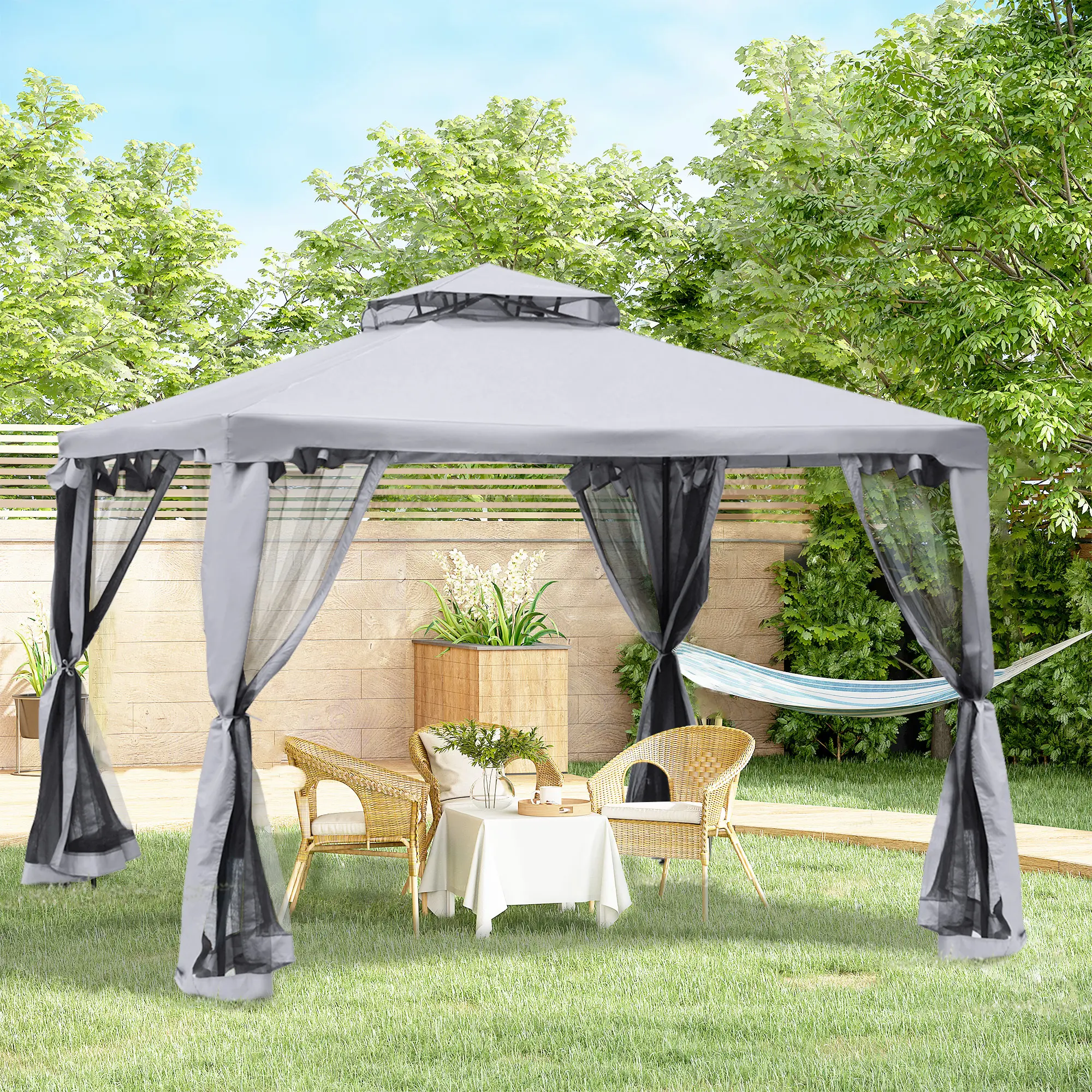 9.6' x 9.6' Patio Gazebo – Gray. 2-Tier Vented Roof. 4 Mesh Walls Included. UV-Blocking PA-Coated Polyester. Click Button Steel Poles. Ropes & Stakes for Soft Ground
