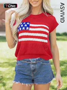 Women's Casual Flag Graphic Short Sleeve Knit Top, All-Seasons Sweater T-Shirt,  Comfortable & Stylish, Perfect for Daily Wear