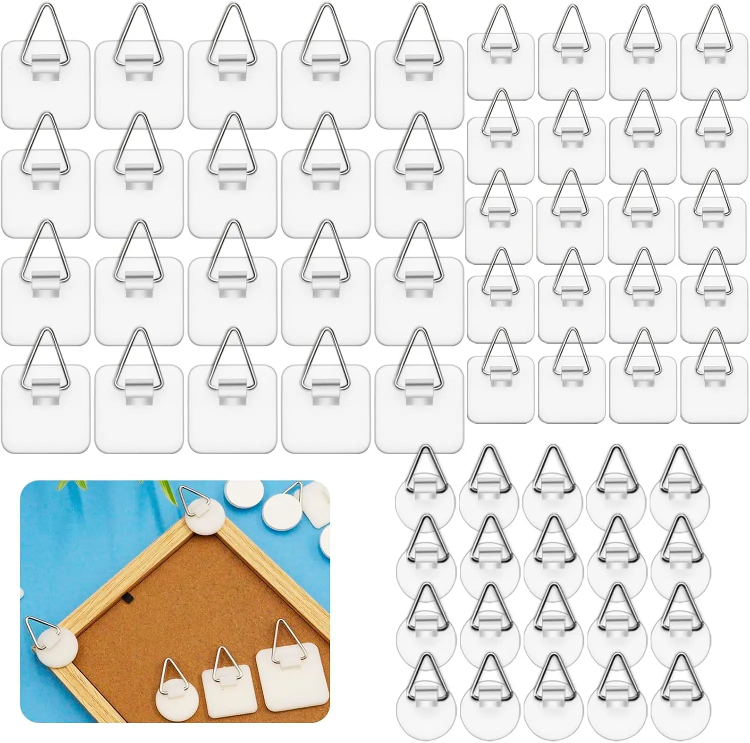 60 Pcs Adhesive Picture Hanger Foamboard Picture Hanging Hooks Without Nails Plastic Sticky Hangers for Home Wall Art Photo Frame Bathroom Closet Kitchen Door in 3 Sizes, White
