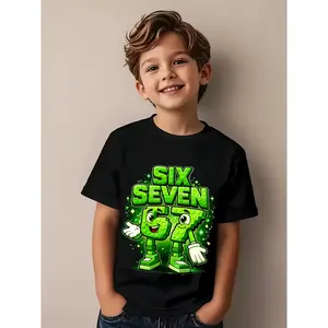 Boys' Sporty T-Shirt in Green with SIX SEVEN Print Featuring Playful Cartoon Numbers 6 And 7, Perfect for Summer Wear