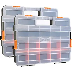 15-inch 2 count Toolbox Organizer Sets, 20 Removable Dividers, Durable Plastic Box, Excellent for Screws, Nuts, Small Parts, 34-Compartment Black/Orange 2 count Set