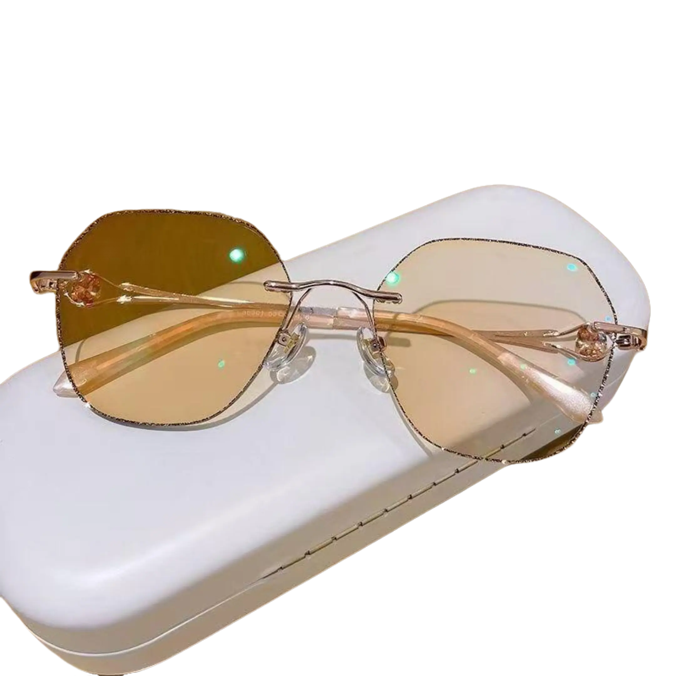 Women's Champagne Gold Rimless Polygon Eyeglasses - Chinese-Inspired Anti-Blue Light Frames, Rhinestone-Inlaid Metal Temple Sleek Non-Prescription Glasses, Luxury Fashion Eyewear Accessories, Rimless Non-Prescription Glasses