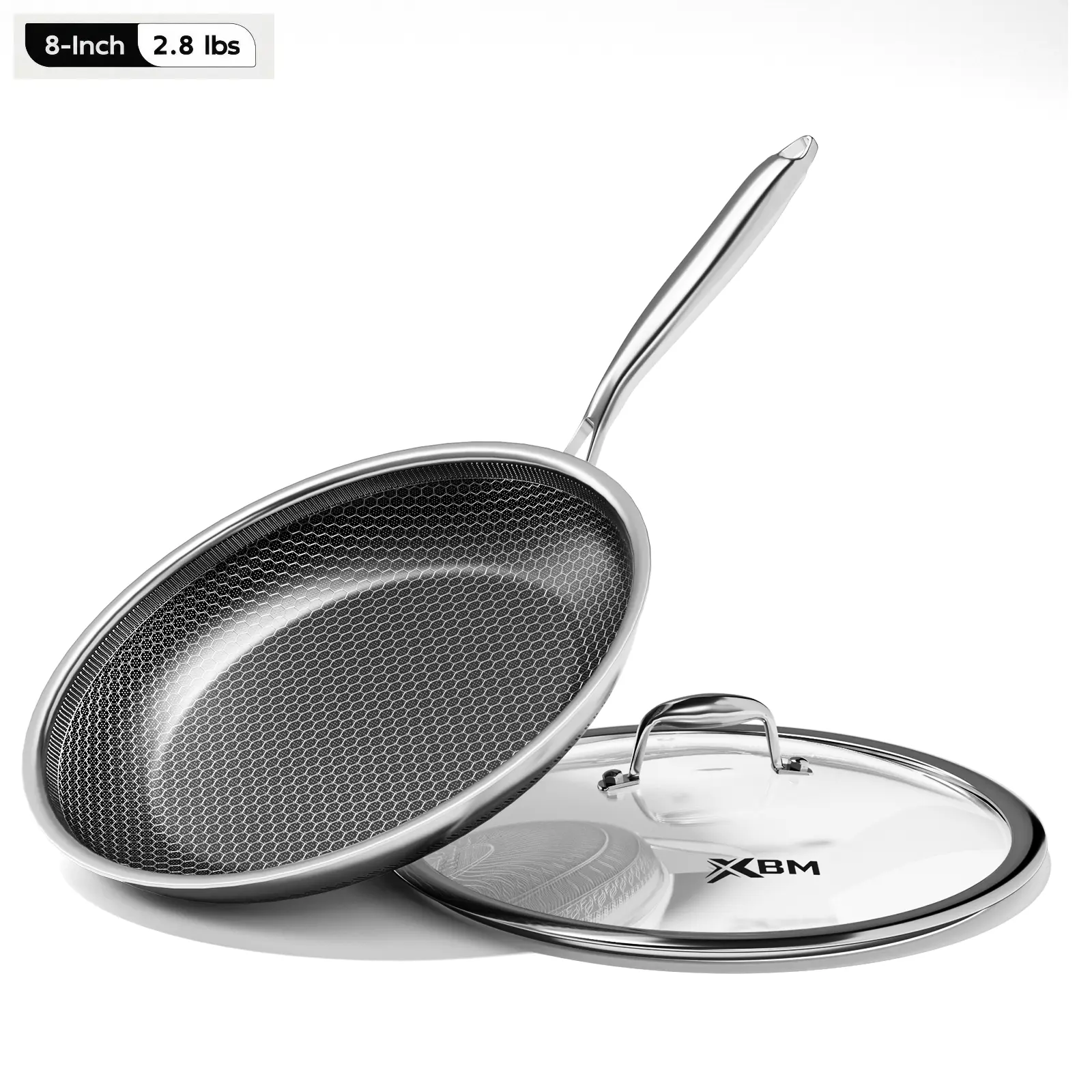 XBM Professional Non Stick Pans - 7in/8in/10in/12in Honeycomb Skillets, Rivetless Seamless Interior, 100% PTFE/PFOA-Free Ceramic Coated, Tri-Ply Stainless Steel, Induction/Oven-Safe, Metal Utensils Ok, Lead & Cadmium Free Cooking for Frying Eggs, Ceramic,