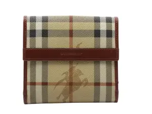 Pre-owned BURBERRY Coated Canvas Small Leather Goods Nova Check with Burgundy Leather Trim Compact Bifold Wallet Perfect for Daily Use