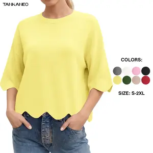 Tankaneo Womens Short Sleeve Sweater Summer Casual Oversized Cropped Sweaters Lightweight Crewneck Knit Pullover Top