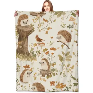 Hedgehog Blanket,Cute Woodland Forest Scene Mushroom and Bird Throw Blankets,Gifts for Kids Adult & Nature Lovers, Lightweight Soft Flannel,for Sofa Couch Bed Room Retro Decor