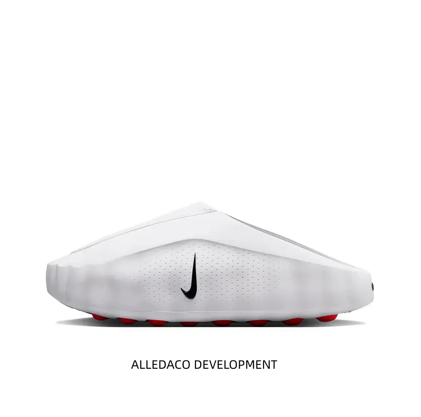 uturistic White Mule Slides with Perforated Toe Box and Chrome Detail for Modern Athlete Lifestyle