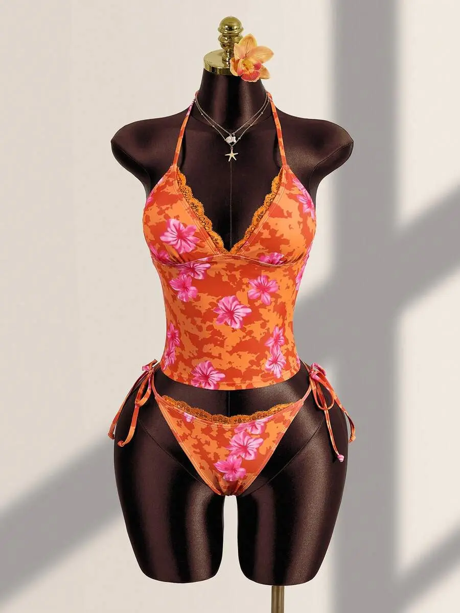 Swim Vcay Women's Summer Vacation Casual Beach Wear Tropical Floral Print Strapless Bandeau Tie Back Camisole Strap Bikini Lace Trim 2-Piece Swimsuit Set
