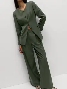 Women's Two-Piece Set, Elegant Solid Color Suit Pants, Round Neck Long Sleeve Fitted Button Blazer Top, Casual All Seasons Fashion