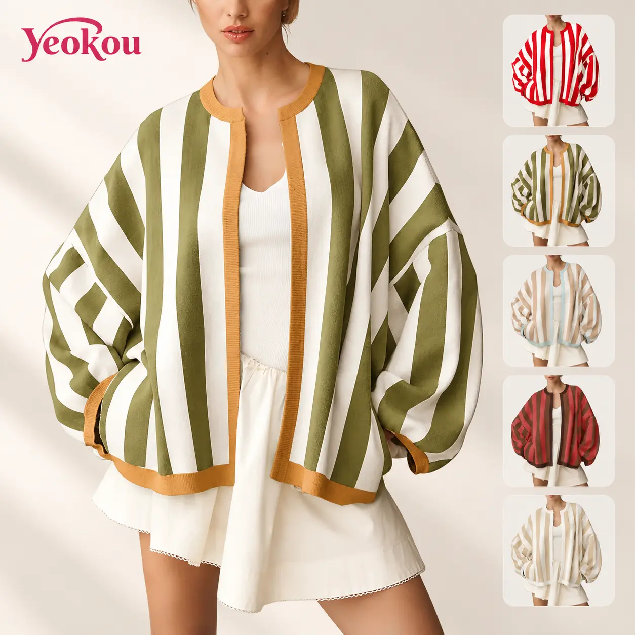 Yeokou Women's Striped Knit Cardigan for Back to School, Casual Oversized Open Front Tops, Long Balloon Sleeve Knitwear, Baggy Loose Fit