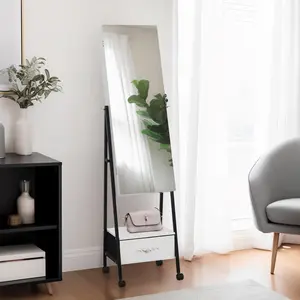 Full mirror wooden floor style, with 1 large drawer, 4 wheels, white light beads, jewelry storage mirror cabinet - white Decor