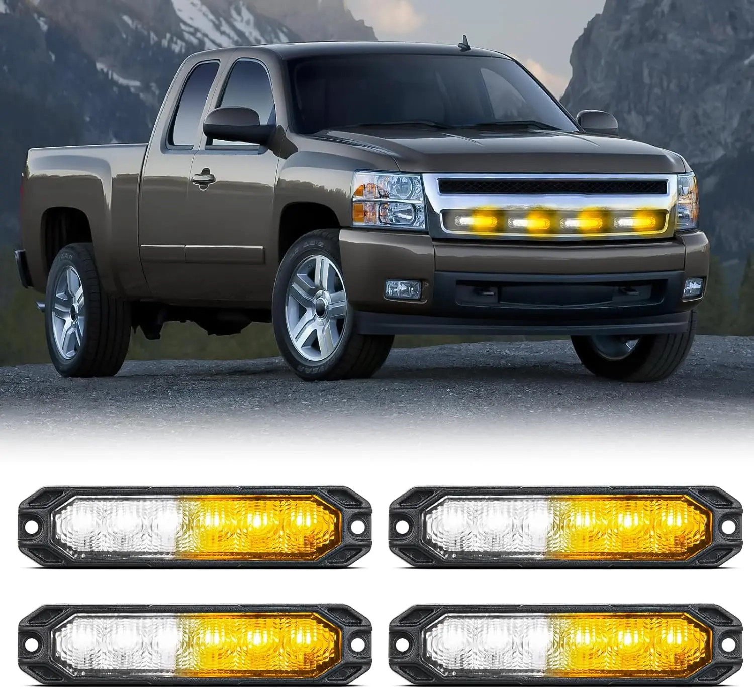 Nilight 4PCS 6LED Amber White Strobe Light Module, 12V-24V Ultra Thin Surface Mount Car Work Accessory with Steady On & Sync for Grille, Campers, ATV, Pickups, Father's Day Gift