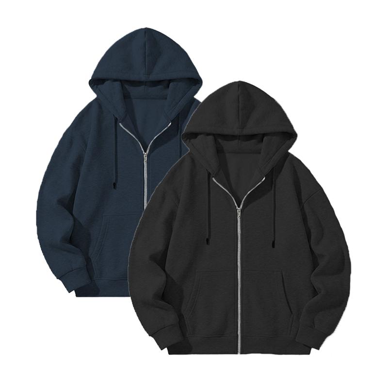 Men's solid-color full-zip shoulder-down hooded sweater, regular version casual long-sleeved hooded sweatshirt, suitable for autumn and winter wear, daily wear men's clothing