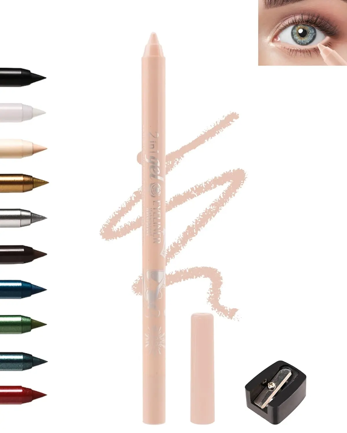 Waterline Eyeliner Gel Pencil,Peach Eyeliner Waterline Waterproof Smudge-Proof, Long Stay Eye Liner Brightener Pen with Sharpener, Safe for Sensitive Eyes, Soft Cream Rich Color Eye Makeup Pen-03