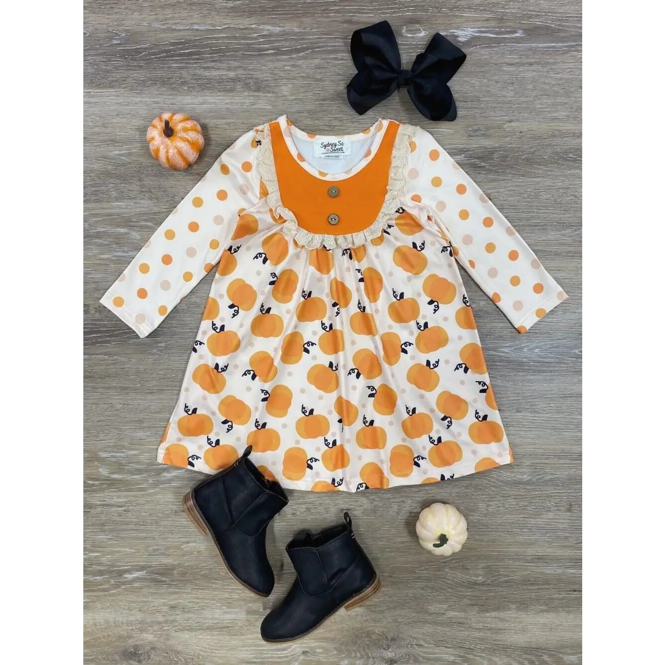 Polka Pumpkin Girls Long Sleeve Dress