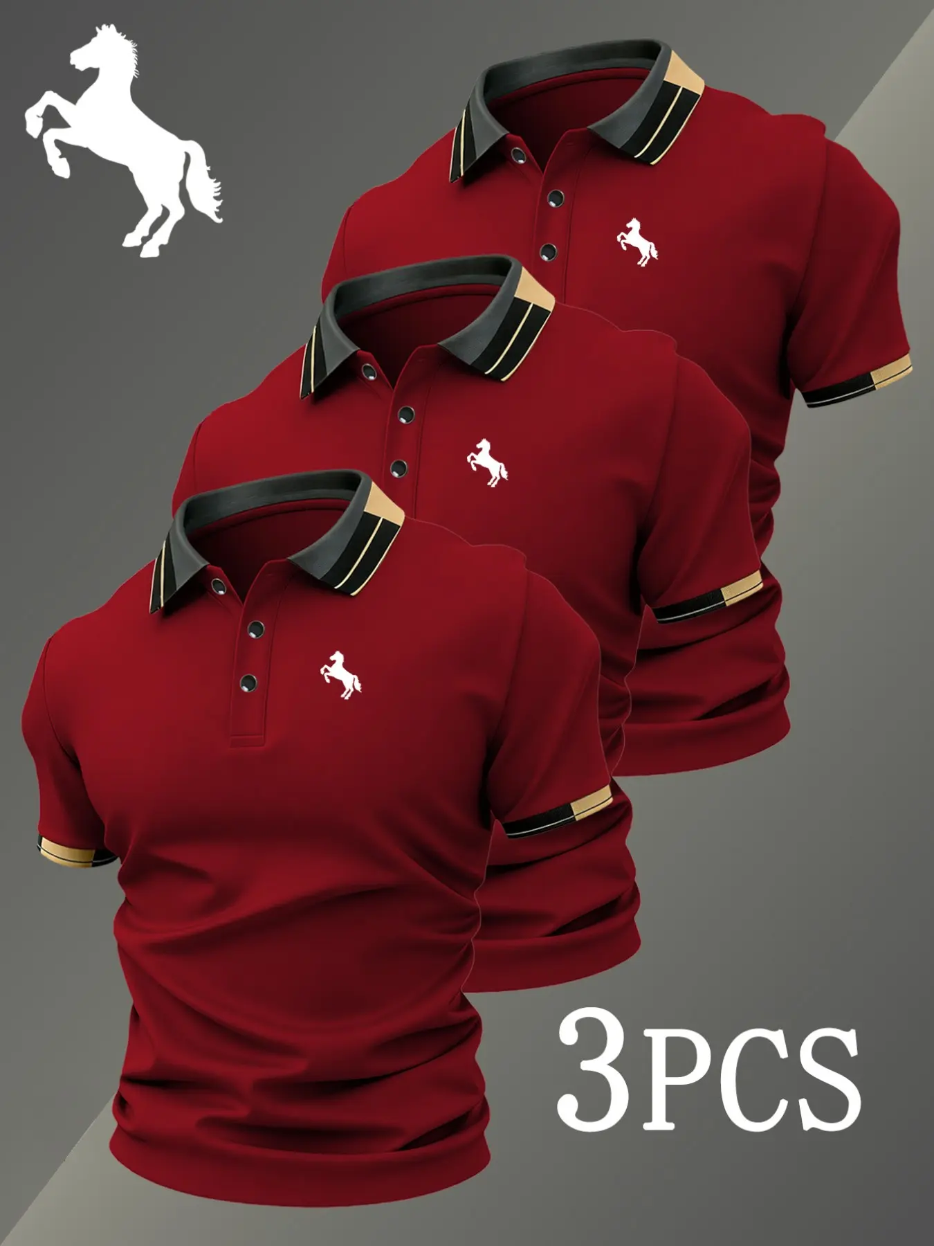 Men's Golf Polo Shirts Set, 1608 Equestrian Print, Fitted Casual Geometric Pattern, Breathable Stretch Fabric, All-Season Comfort