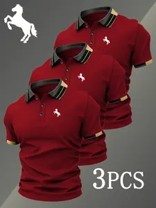 Men's Golf Polo Shirts Set, 1608 Equestrian Print, Fitted Casual Geometric Pattern, Breathable Stretch Fabric, All-Season Comfort