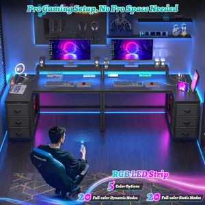 【Spring Glow up】Raybee 47‘’ L-Shaped Gamer Gaming Desk with 3 Drawers, Computer Desk with 2 Power Outlets,USB, LED Strip,Reversible Corner Table, Monitor Shelf, for Home Office Use