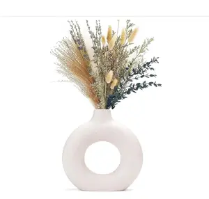 White Donut Vase Hollow Ceramic Vase for Flowers Handmade Minimalist Boho ins Style Modern Home Decor for Wedding Dinner Table Party Living Room Office Bedroom(S)