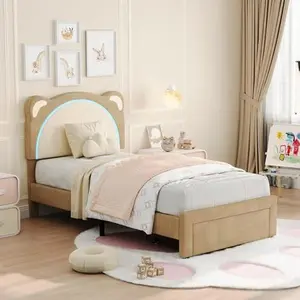 Kids' Twin XL Upholstered Platform Bed Frame with Adjustable Headboard, LED Lights, Wooden Slats Support, Drawer, Coffee Finish - No Box Spring Needed, Bedroom Decor, With Lights Beds