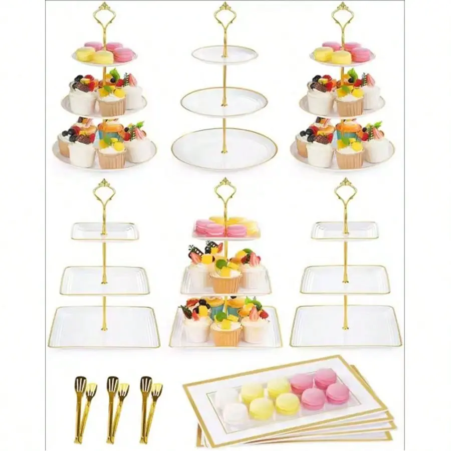 13pcs Dessert Table Display Set, 6 3-Tiered Cupcake Stands (3round & 3square) with 4 Trays & 3 Tongs, White Gold Plastic for Wedding, Tea Party, Baby Shower Decor, Birthday Party Decoration