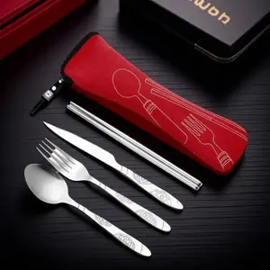 Stainless Steel Cutlery Set for 4, Portable Print Utensil Kit for Camping Picnic Office Home Use, Durable & Easy-Clean Outdoor Indoor Dining Essentials with Carry Bag