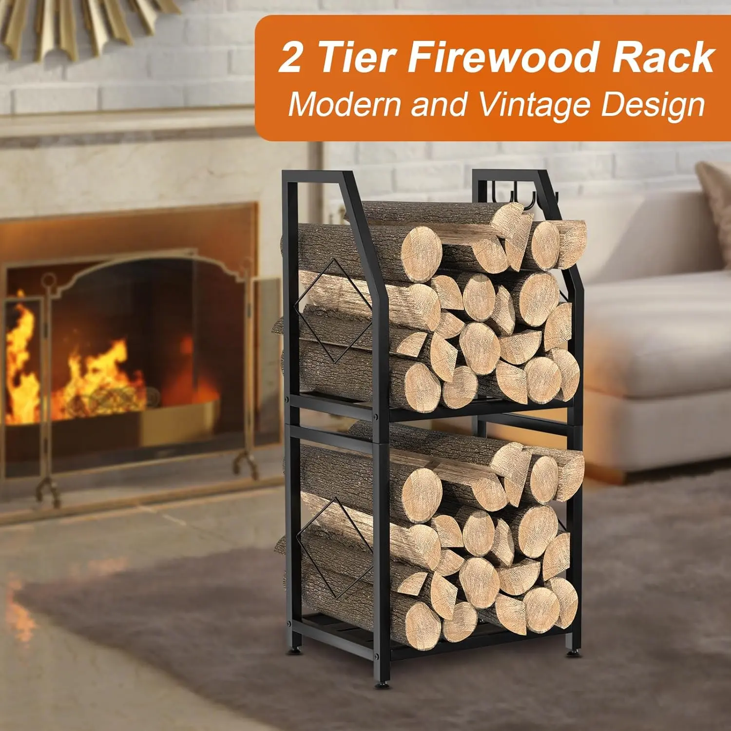 VyGrow 2-Tier Heavy Duty Firewood Rack with 3 Hooks - Anti-Rust, Coated Steel, Dual Compartments, Easy-Install, High-Resistance Steel Racks & Displays for Patio, Fireplace (Indoor/Outdoor Black Holder Stand), Anti-Rust Racks & Displays