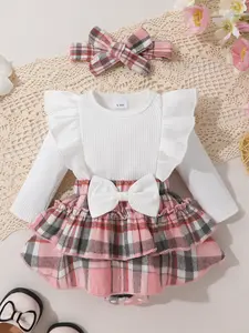 Elegant Sweet Cute Baby Girl 2-Piece Set with Bow Tie Neat Color Ruffle Edge Checkered Imitation Skirt Dress Jumpsuit & Headband for Casual Daily Vacation Parties