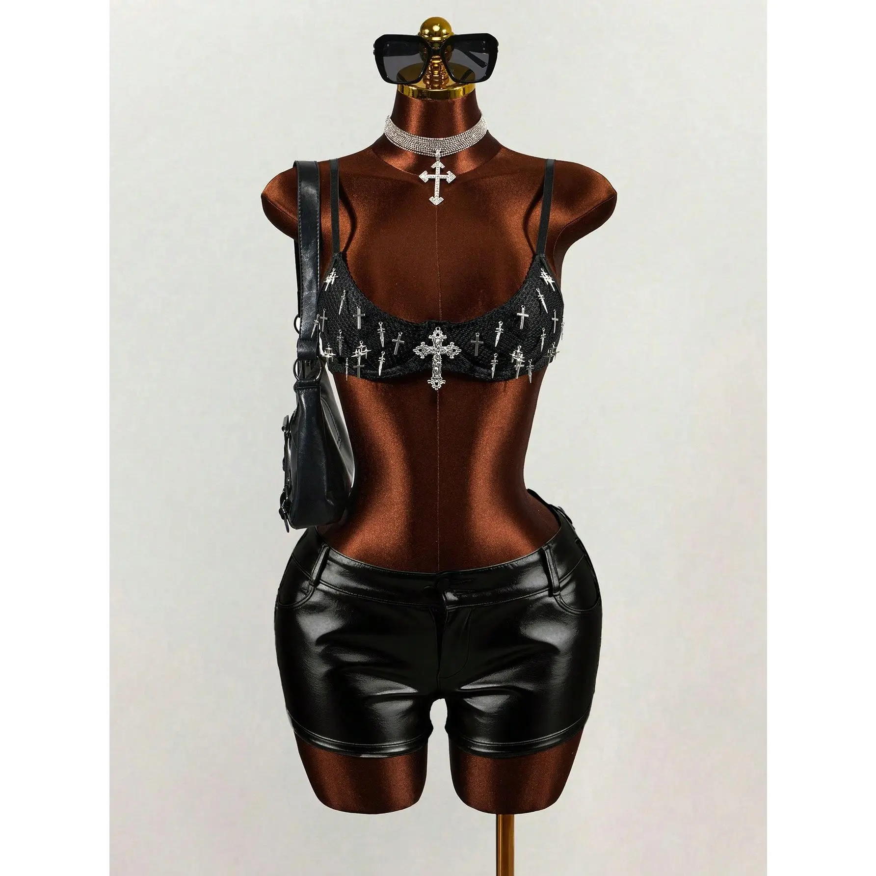 Women's Punk Style Cross Decor Short-Fit Tropical Fabric Camisole Top - Spring/Summer Beach Vacation Pieces