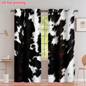 2D Flat 2Pcs Cow Pattern Black White Curtains, Rustic Farmhouse Style, Rod Pocket, Room Darkening Privacy Drapes for Living, Bedroom, Dining, Home Decor, Window Treatments, Chic, Western Aesthetic, Home Decoration Curtain