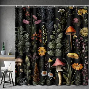 Vintage Mushroom Floral Shower Curtain - Boho Plants Flowers Retro Bohemian Botanical Nature Bath Shower Curtain Set with 12 Hooks for Bathroom Decor Accessories, 72"x72" Black