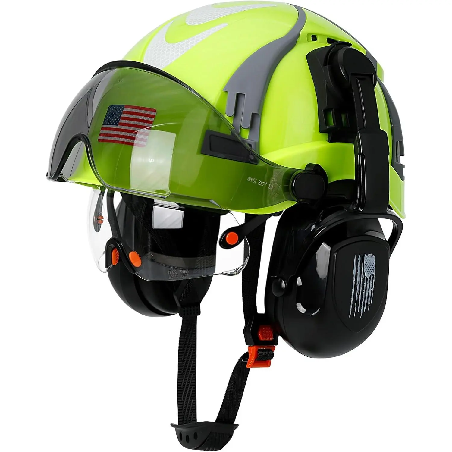 Hard Hat with Dual Visor and Hearing Protection-OSHA Approved Construction Hard Hats with Visor Sunglasses Earmuffs for Men,Vented Forestry Chainsaw Arborist Helmet with Chin Straps
