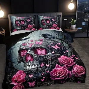 3pcs Gothic Skull Rose Butterfly Print Bedding Set, 1 Fitted Sheet and 2 Pillowcases, High Definition, Home Bedroom Decoration