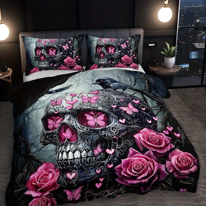 3pcs Gothic Skull Rose Butterfly Print Decorative Bedding Set, 1 Fitted Sheet and 2 Pillowcases, High Definition, Home Bedroom Decoration