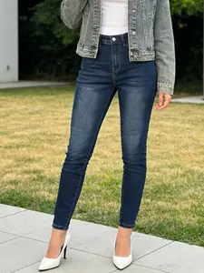 Muslim Style Women's Blue Washed Skinny Jeans, Elastic Fabric, All Seasons Wear, Fashionable Versatile Sexy Clothing