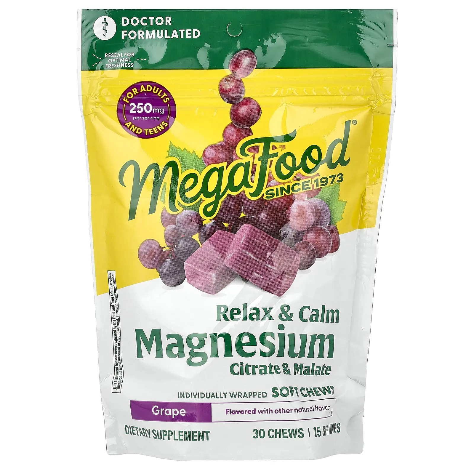 MegaFood Magnesium, Citrate & Malate, Grape, 30 Individually Wrapped Soft Chews (125 mg per Chew)