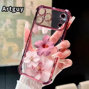 Blossom Elegance Pattern Four Corner Anti-Fall Phone Case Transparent Electroplated Protective Cover for iPhone 17 16 Pro Max 15 Plus 14 13 12 11 Air E