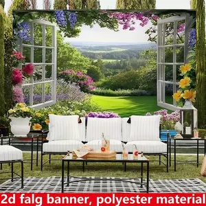 Window view garden backdrop banner, polyester fabric, tranquil outdoor/backdrop decoration, suitable for home décor, wedding decorations, party banners, seasonal decorations, rooms, patios, studios, family and garden celebrations, photography backdrops