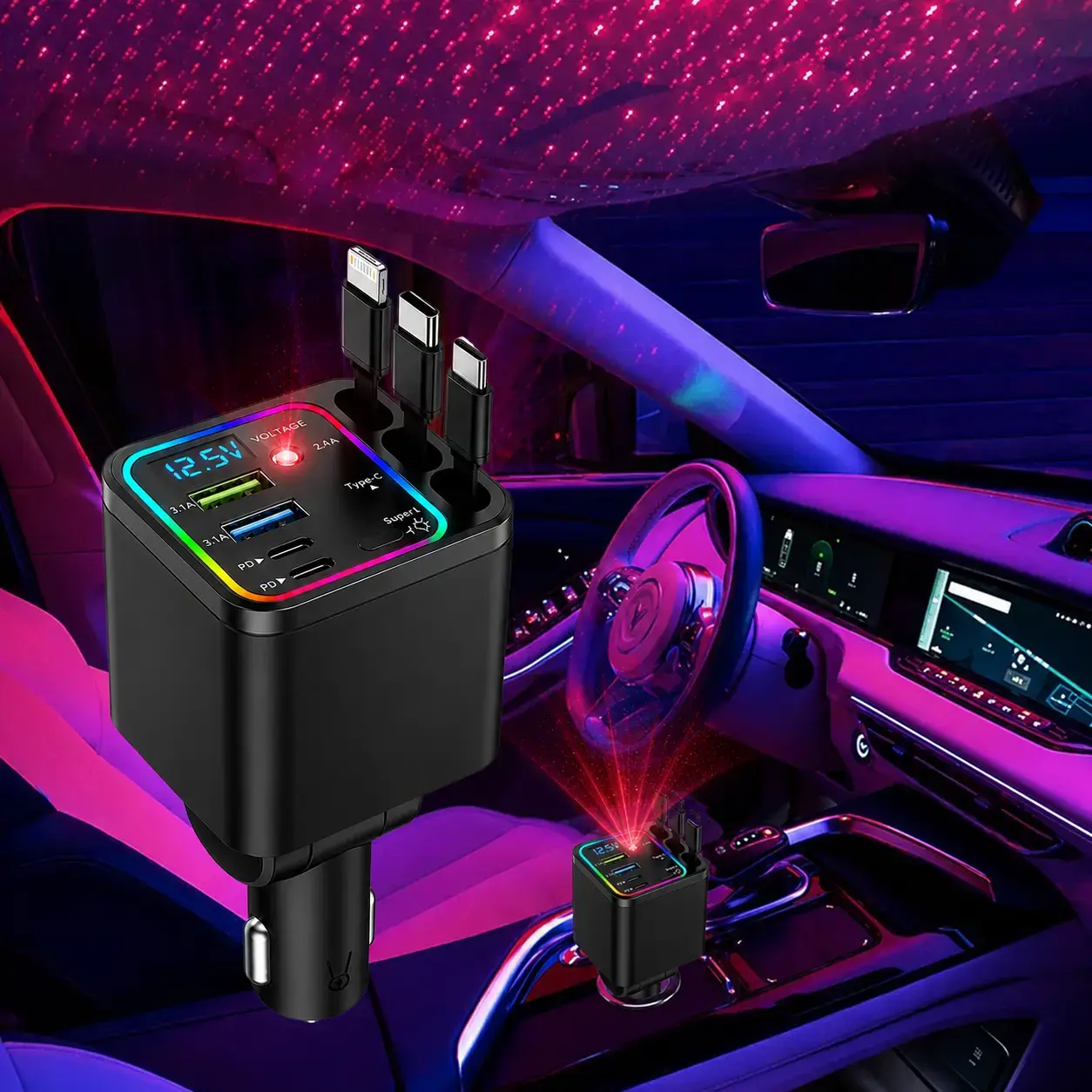 7-in-1 Retractable Car Charger: 120W Max Fast Charging Station with 3 Cables,Star Projector | LED Voltage Display & | Premium Car Accessories for iPhone & Android | Essential Road Trip Gadget & Organizer,Gifts for Fathers Day for Men Dad Husband