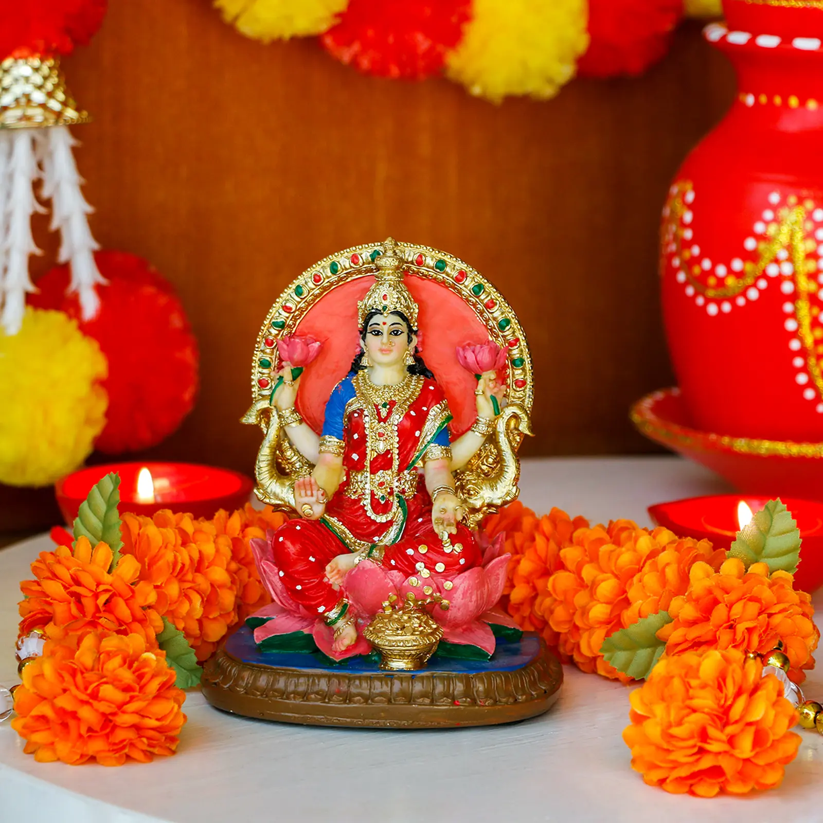 alikiki Stone Indian Lakshmi Idol Statue - 5.1”H Hindu Goddess Laxmi MATA Murti, India Pooja Item, Home Temple Decor, Ideal Gift for Indian Friends & Relatives