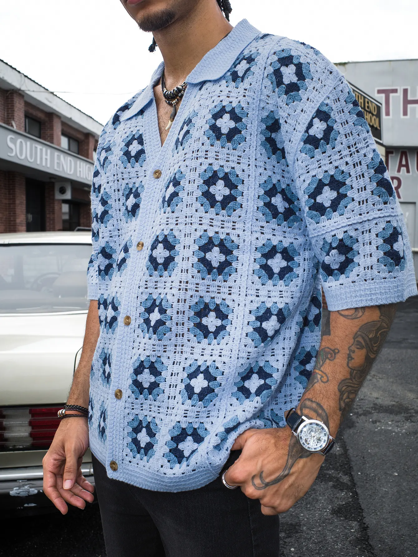 Men's Short-Sleeve Knitted Shirt - Baby Blue, Collared, Button Closure, Loose Fit, All-Over Boho Print, Acrylic Fabric, Stretch, Hem, Male Clothing for Summer Vacation Casualwear