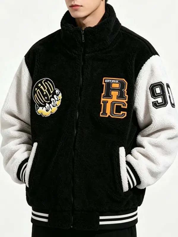 Men's Quiet Luxury Sherpa Fleece Varsity Jacket - Black-White Contrast, RC Globe Letter Patch Embroidery, Stand Collar, Full-Zip Wind Lock, Soft Fluffy Thermal Casual Outerwear for Cool Seasons, Old Money Travel Layering