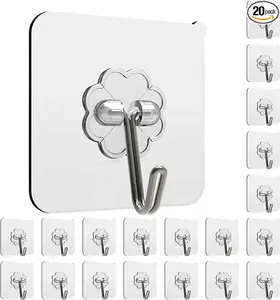 Adhesive Wall Hooks for Hanging Heavy Duty 13lbs, No Damage Picture Frames Hangers for Home and Office, Sticky Hooks for Kitchen Bathroom, Transparent Waterproof and Rustproof, 20 Pack Organiser Smooth
