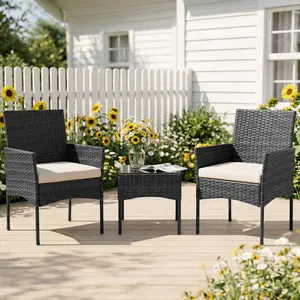 3-Piece Patio Furniture Set, All-Weather Outdoor Wicker Chairs with Removable Cushions & Tempered Glass Table, Small Bistro Set for Porch, Balcony, Lawn, Backyard, Brown